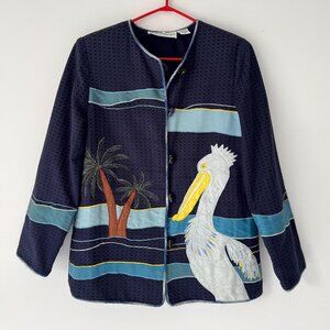 90s vintage blue novelty tropical bird vacation embroidered patchwork jacket